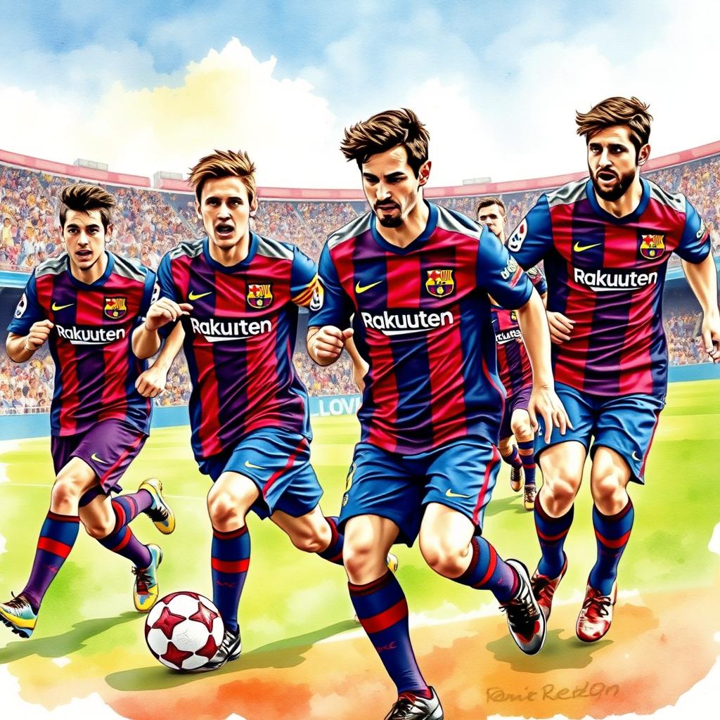 A vibrant watercolour painting depicting the Barcelona football team in dynamic action on the field