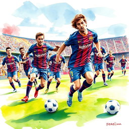 A vibrant watercolour painting depicting the Barcelona football team in dynamic action on the field