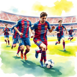A vibrant watercolour painting depicting the Barcelona football team in dynamic action on the field