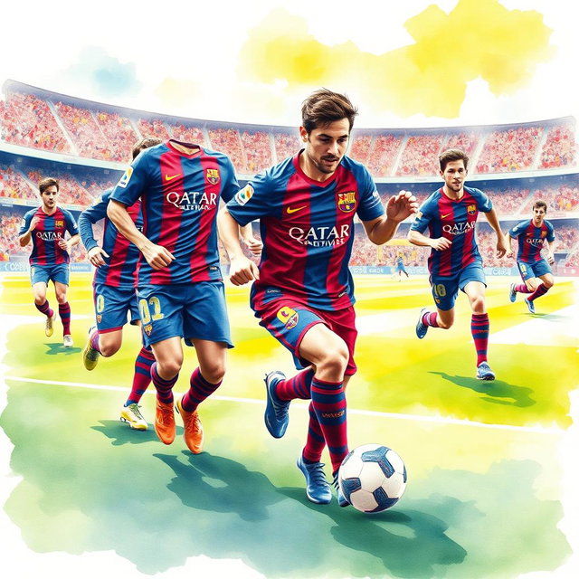 A vibrant watercolour painting depicting the Barcelona football team in dynamic action on the field