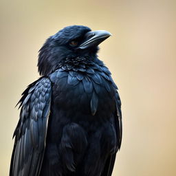 A wounded raven, showcasing its beautiful and elegant feathers, perched in a simple yet striking pose