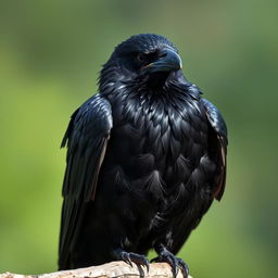 A wounded raven, showcasing its beautiful and elegant feathers, perched in a simple yet striking pose