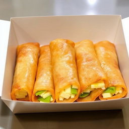 Five golden spring rolls filled with a creamy buko pandan filling mixed with cheese, elegantly arranged inside an open rectangular container