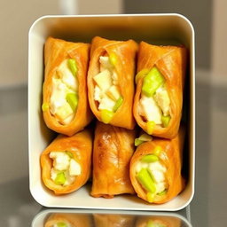 Five golden spring rolls filled with a creamy buko pandan filling mixed with cheese, elegantly arranged inside an open rectangular container