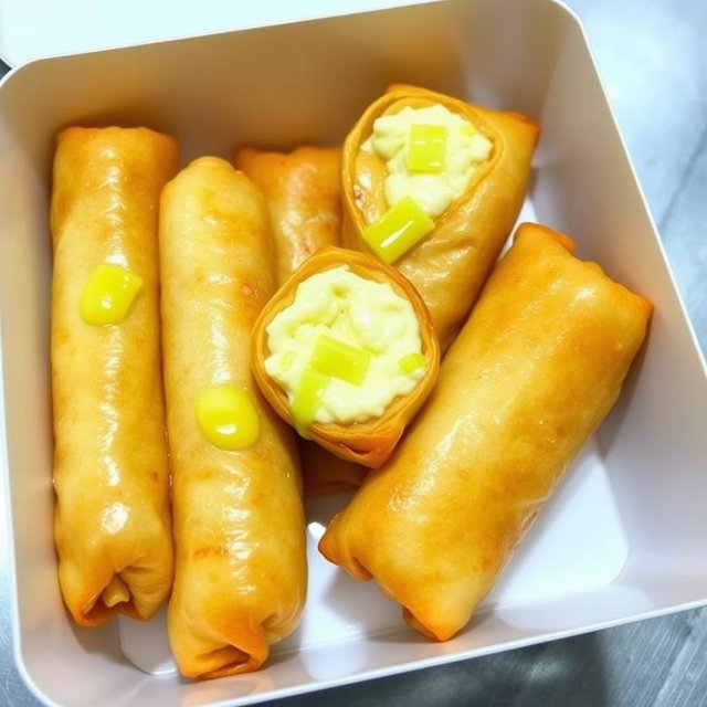 Five golden spring rolls filled with a creamy buko pandan filling mixed with cheese, elegantly arranged inside an open rectangular container