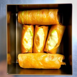 Five golden spring rolls filled with a creamy buko pandan filling mixed with cheese, elegantly arranged inside an open rectangular container