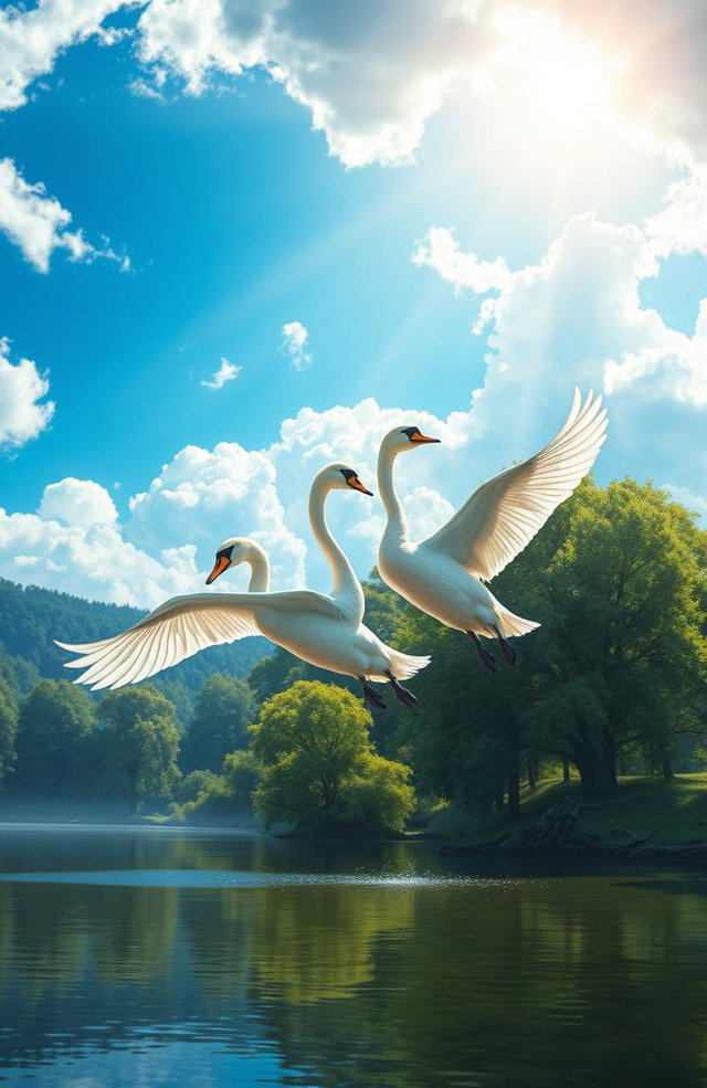A stunning digital painting of two elegant swans gracefully flying through a vibrant blue sky