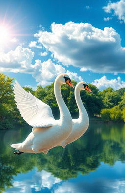 A stunning digital painting of two elegant swans gracefully flying through a vibrant blue sky
