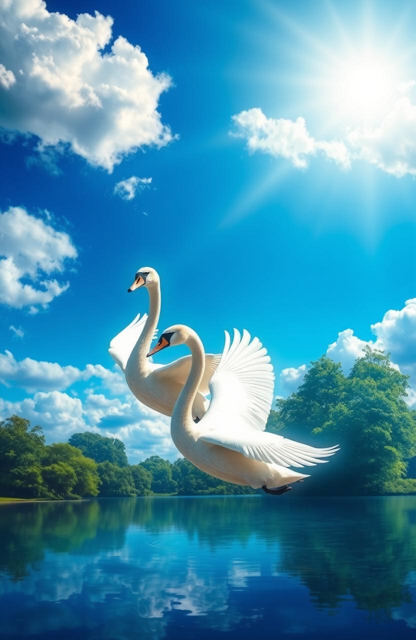 A stunning digital painting of two elegant swans gracefully flying through a vibrant blue sky