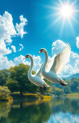 A stunning digital painting of two elegant swans gracefully flying through a vibrant blue sky