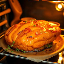 A vibrant, mouth-watering scene of a freshly baked Ubi Madu (sweet potato) dish placed elegantly in an oven