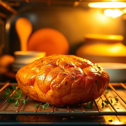 A vibrant, mouth-watering scene of a freshly baked Ubi Madu (sweet potato) dish placed elegantly in an oven