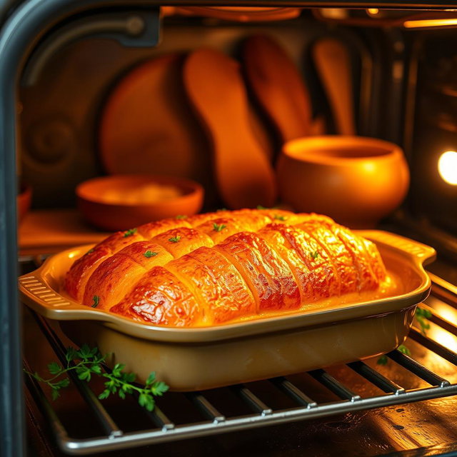 A vibrant, mouth-watering scene of a freshly baked Ubi Madu (sweet potato) dish placed elegantly in an oven