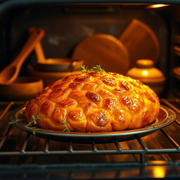 A vibrant, mouth-watering scene of a freshly baked Ubi Madu (sweet potato) dish placed elegantly in an oven