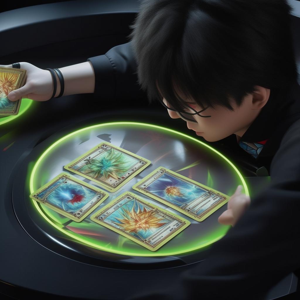 A view over Seto Kaiba's shoulder, showing a 5-card Yu-Gi-Oh starting hand from a standard Exodia deck displayed on a virtual duel disk. On the side, showcase the starting life points and a sign signalling it's Seto Kaiba's turn.