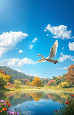 A stunning digital painting of two elegant swans flying gracefully in a bright blue sky