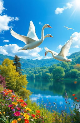 A stunning digital painting of two elegant swans flying gracefully in a bright blue sky