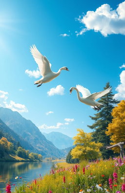 A stunning digital painting of two elegant swans flying gracefully in a bright blue sky