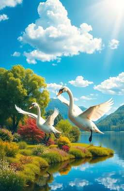 A stunning digital painting of two elegant swans flying gracefully in a bright blue sky