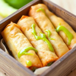Five golden spring rolls with a vibrant green buko pandan filling blended with cheese, neatly arranged inside an open rectangular container