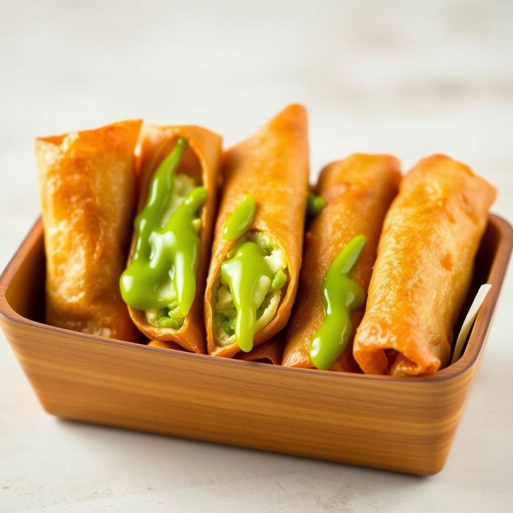 Five golden spring rolls with a vibrant green buko pandan filling blended with cheese, neatly arranged inside an open rectangular container