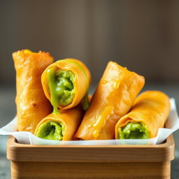 Five golden spring rolls with a vibrant green buko pandan filling blended with cheese, neatly arranged inside an open rectangular container