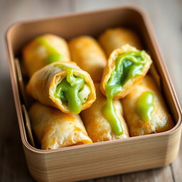 Five golden spring rolls with a vibrant green buko pandan filling blended with cheese, neatly arranged inside an open rectangular container