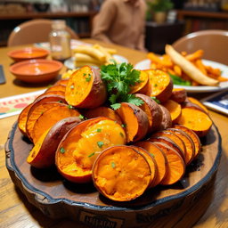 An enticing display of Makanan Ubi Cilembu, showcasing the beautifully roasted sweet potatoes, sliced to reveal their golden, creamy texture