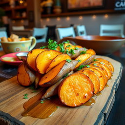 An enticing display of Makanan Ubi Cilembu, showcasing the beautifully roasted sweet potatoes, sliced to reveal their golden, creamy texture