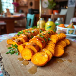 An enticing display of Makanan Ubi Cilembu, showcasing the beautifully roasted sweet potatoes, sliced to reveal their golden, creamy texture