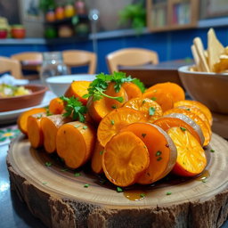 An enticing display of Makanan Ubi Cilembu, showcasing the beautifully roasted sweet potatoes, sliced to reveal their golden, creamy texture