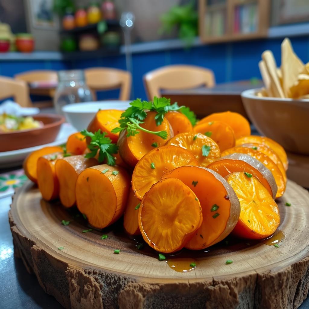 An enticing display of Makanan Ubi Cilembu, showcasing the beautifully roasted sweet potatoes, sliced to reveal their golden, creamy texture