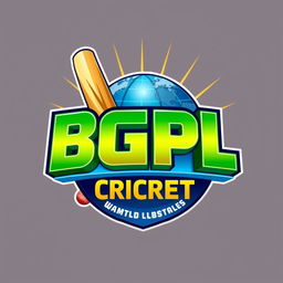 A vibrant and dynamic 3D logo design for the BGPL Cricket World Cup, featuring bold colors like green, blue, and gold
