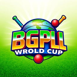 A vibrant and dynamic 3D logo design for the BGPL Cricket World Cup, featuring bold colors like green, blue, and gold