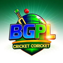 A vibrant and dynamic 3D logo design for the BGPL Cricket World Cup, featuring bold colors like green, blue, and gold