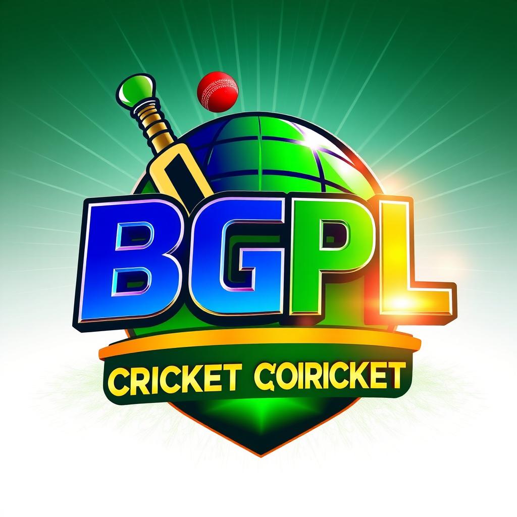 A vibrant and dynamic 3D logo design for the BGPL Cricket World Cup, featuring bold colors like green, blue, and gold