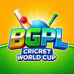 A vibrant and dynamic 3D logo design for the BGPL Cricket World Cup, featuring bold colors like green, blue, and gold