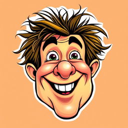A vibrant caricature of a smiling face, featuring exaggerated oversized features such as big eyes, a large nose, and an oversized mouth with an exaggerated grin