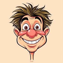 A vibrant caricature of a smiling face, featuring exaggerated oversized features such as big eyes, a large nose, and an oversized mouth with an exaggerated grin