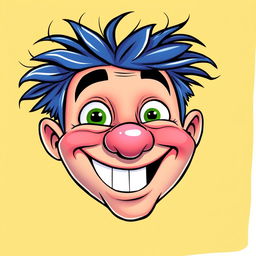 A vibrant caricature of a smiling face, featuring exaggerated oversized features such as big eyes, a large nose, and an oversized mouth with an exaggerated grin