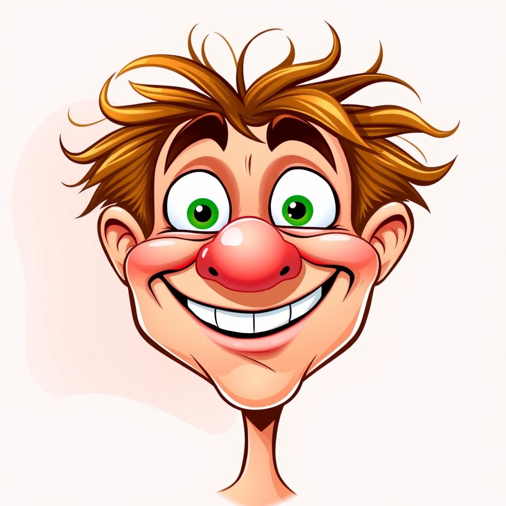 A vibrant caricature of a smiling face, featuring exaggerated oversized features such as big eyes, a large nose, and an oversized mouth with an exaggerated grin