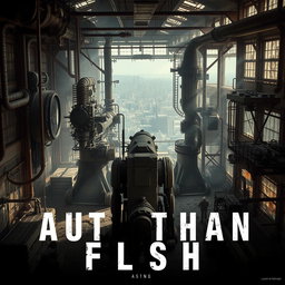A striking cinematic poster featuring an abandoned, futuristic factory filled with complex machinery, gears, and pipes, all rusted and covered in dust