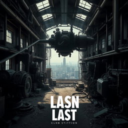 A striking cinematic poster featuring an abandoned, futuristic factory filled with complex machinery, gears, and pipes, all rusted and covered in dust