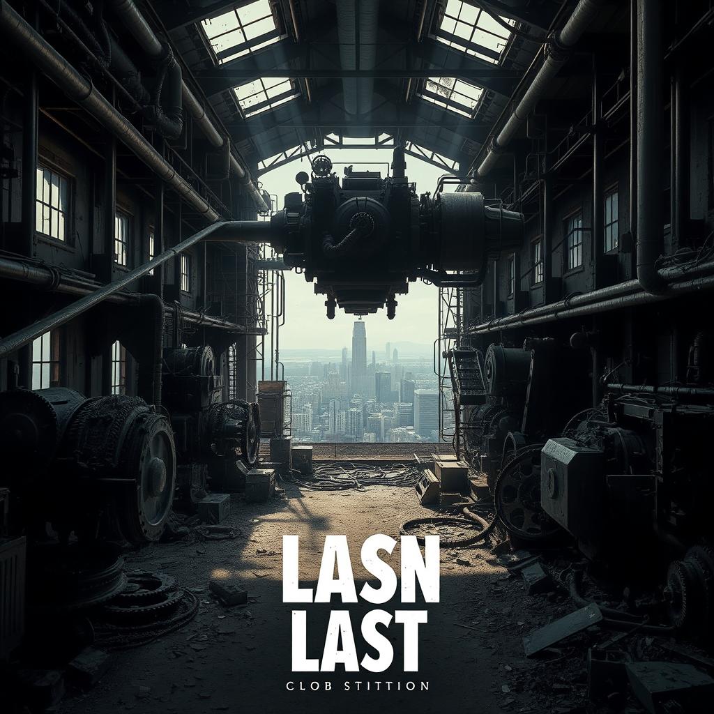 A striking cinematic poster featuring an abandoned, futuristic factory filled with complex machinery, gears, and pipes, all rusted and covered in dust