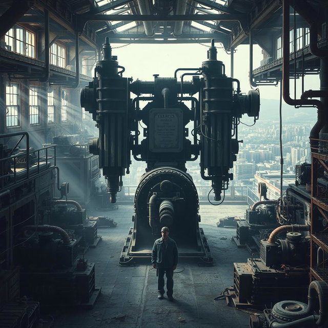 A striking cinematic poster featuring an abandoned, futuristic factory filled with complex machinery, gears, and pipes, all rusted and covered in dust
