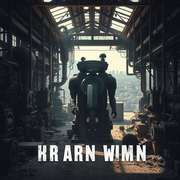 A striking cinematic poster featuring an abandoned, futuristic factory filled with complex machinery, gears, and pipes, all rusted and covered in dust