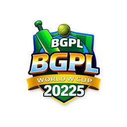 A striking 3D logo design for the BGPL Cricket World Cup 2025, featuring a blend of vibrant colors like emerald green, royal blue, and gold