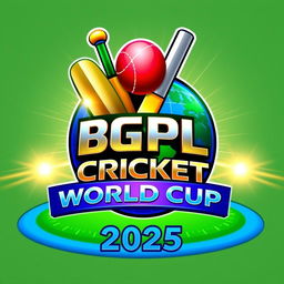 A striking 3D logo design for the BGPL Cricket World Cup 2025, featuring a blend of vibrant colors like emerald green, royal blue, and gold