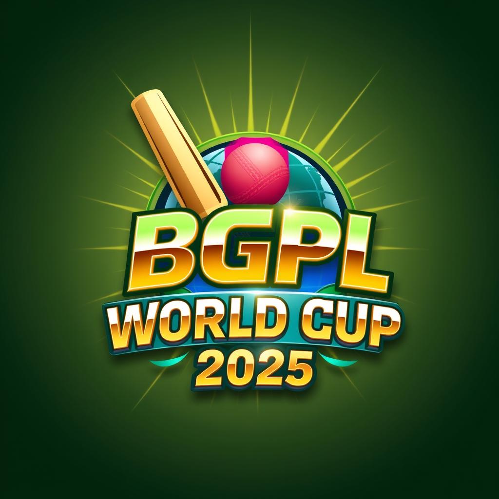 A striking 3D logo design for the BGPL Cricket World Cup 2025, featuring a blend of vibrant colors like emerald green, royal blue, and gold