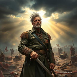 A dramatic and powerful scene illustrating a general at the end of a battle